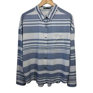 PrAna Top Women's L Striped Agnes Blue White Button Down Shirt Roll Tab Sleeves